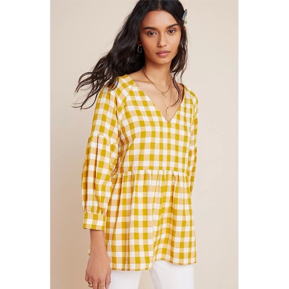 Anthropologie Tops - Maeve‎ Anthropologie April Gingham Babydoll Blouse Mustard Yellow Check S
